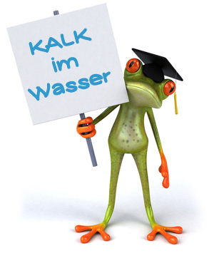 Frosch Reini hält ein Schild hoch, auf dem steht: Kalk im Wasser