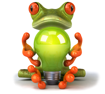 Der grüne Wasserfrosch hält eine Glühbirne